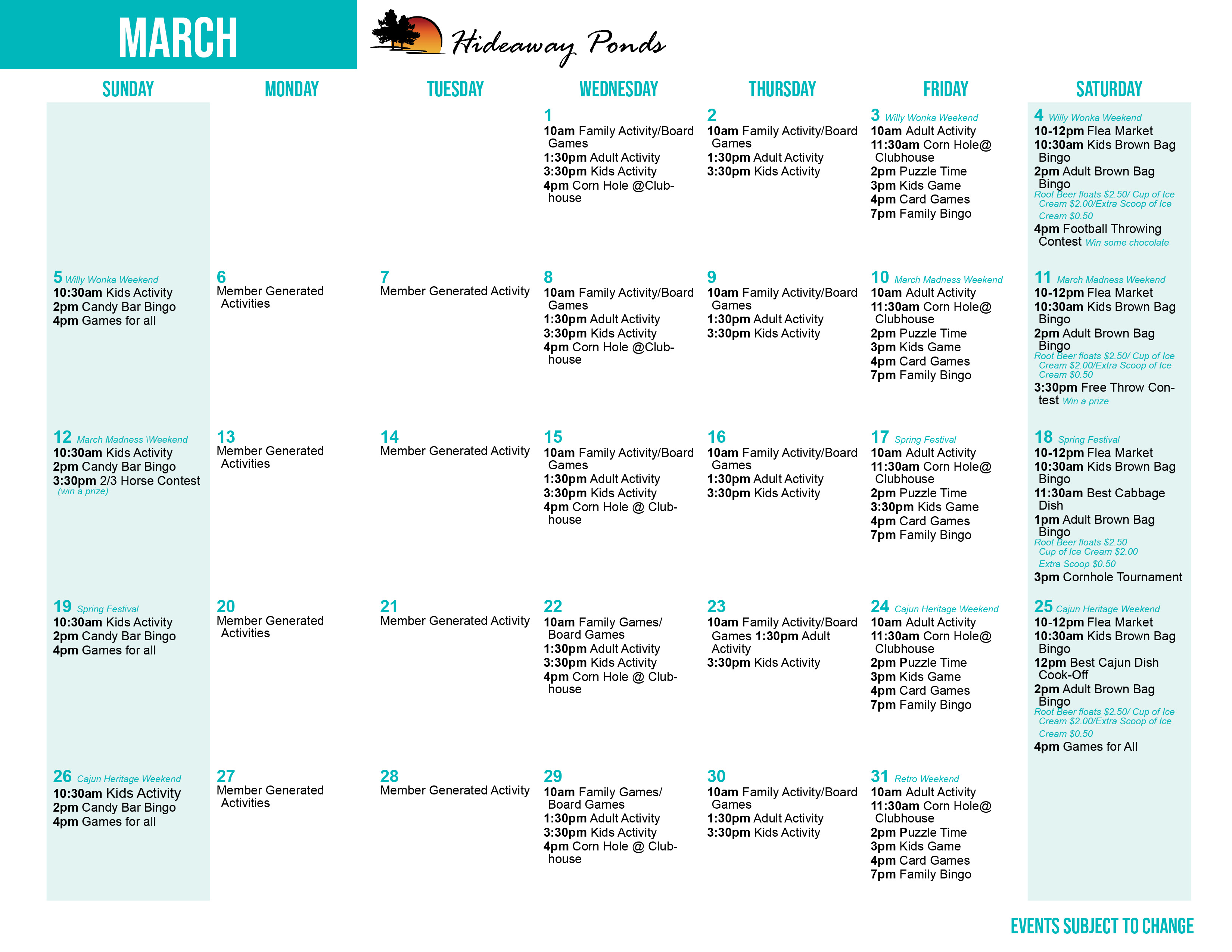Hideaway Pond's March Activity Calendar