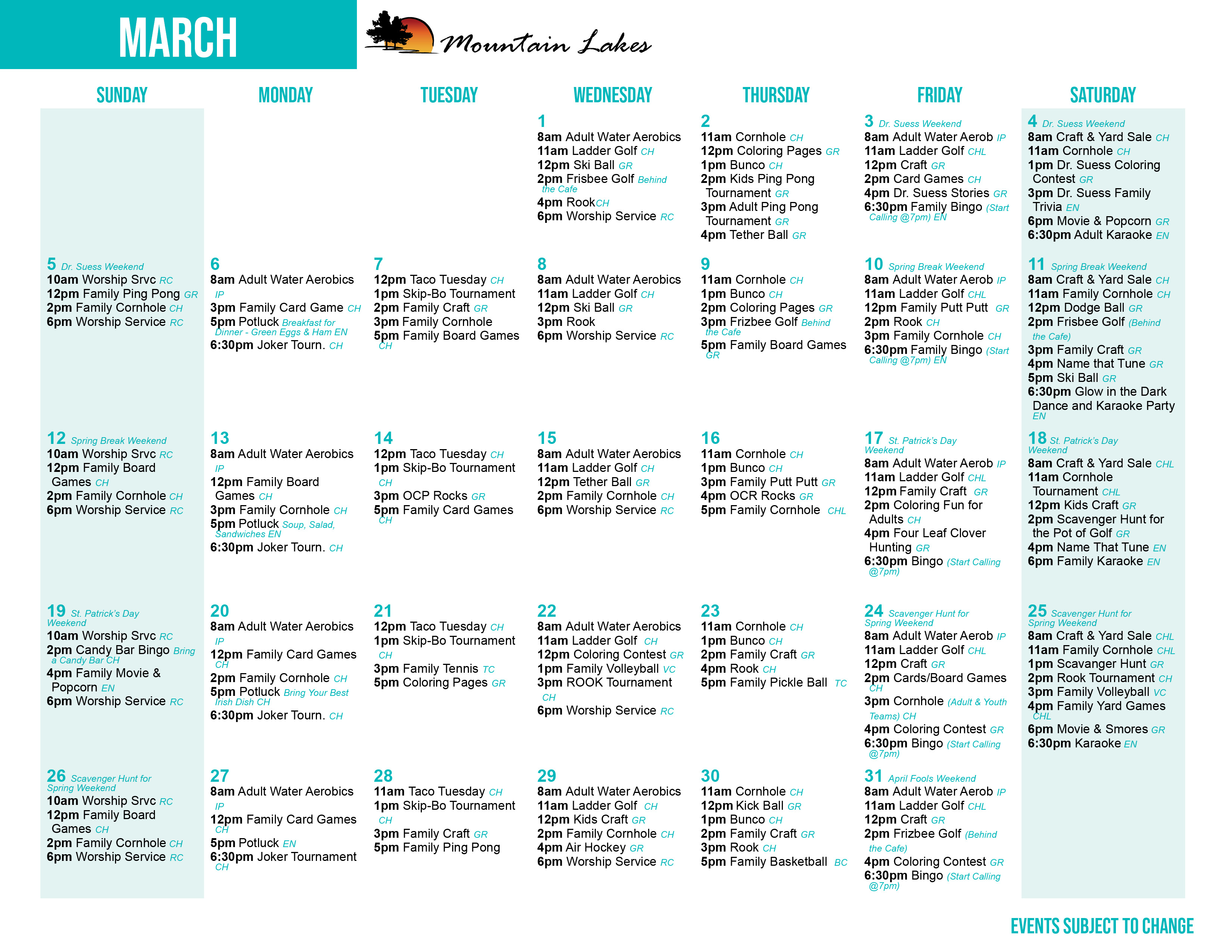 Mountain Lakes' March Activity Calendars