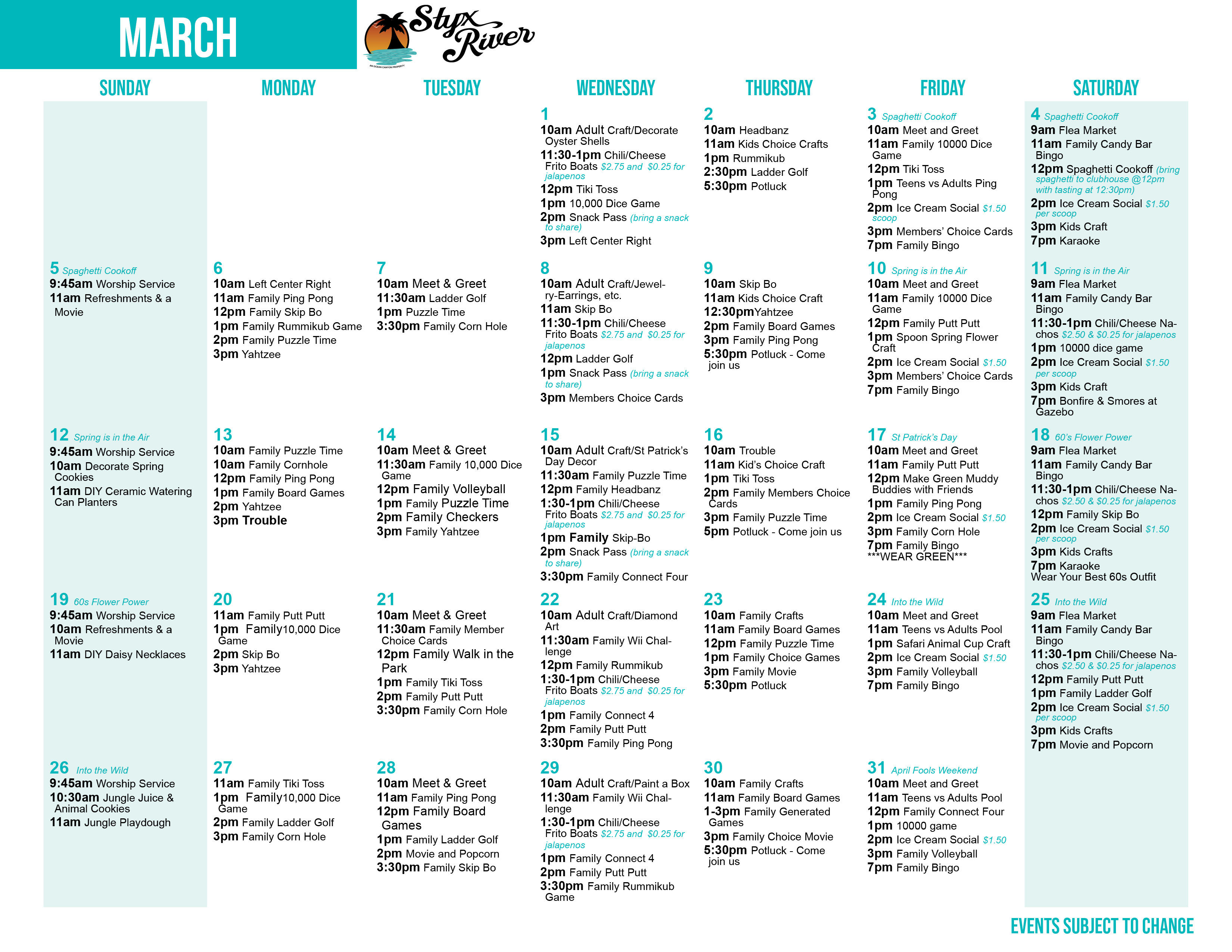 Styx River's March Activity Calendar
