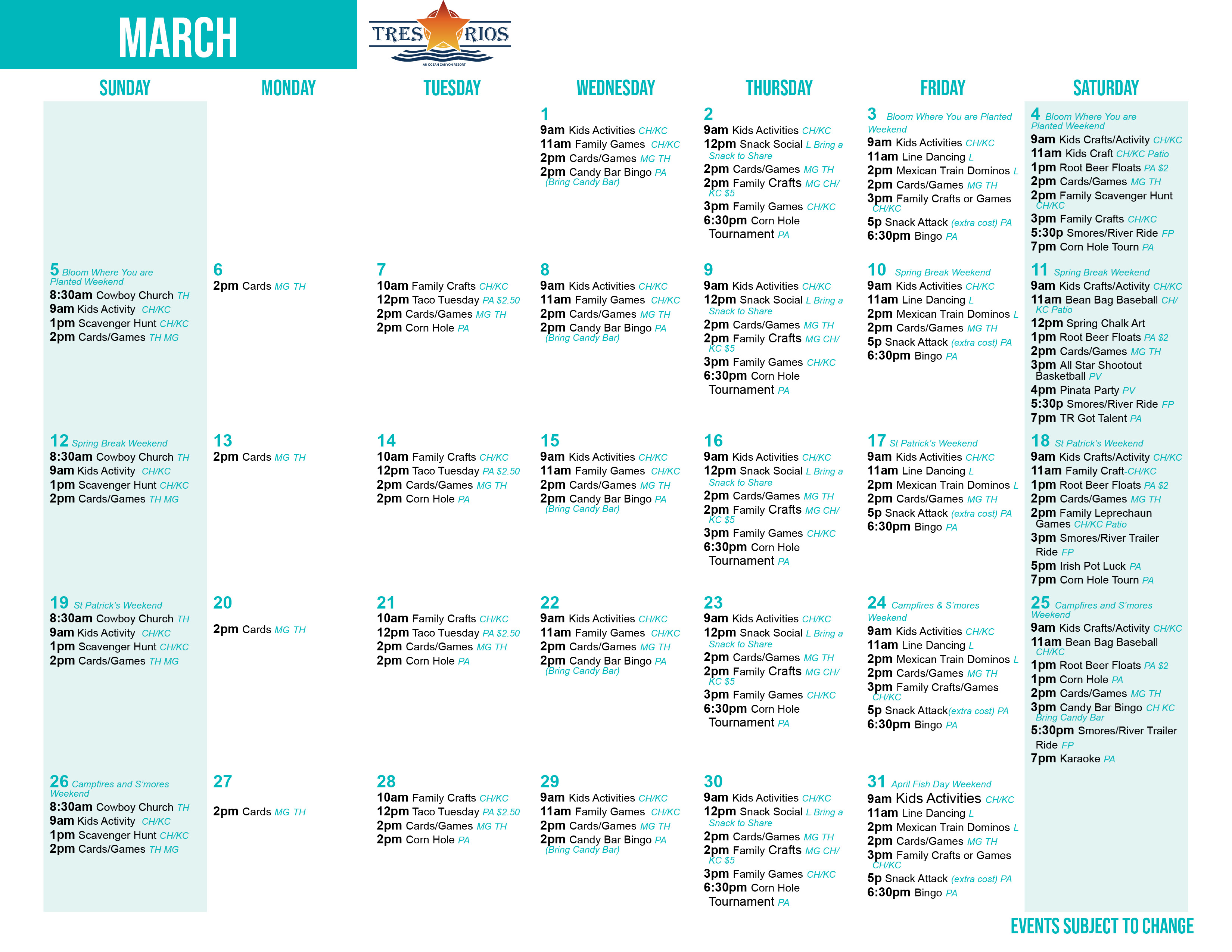 Tres Rios' March Activity Calendar