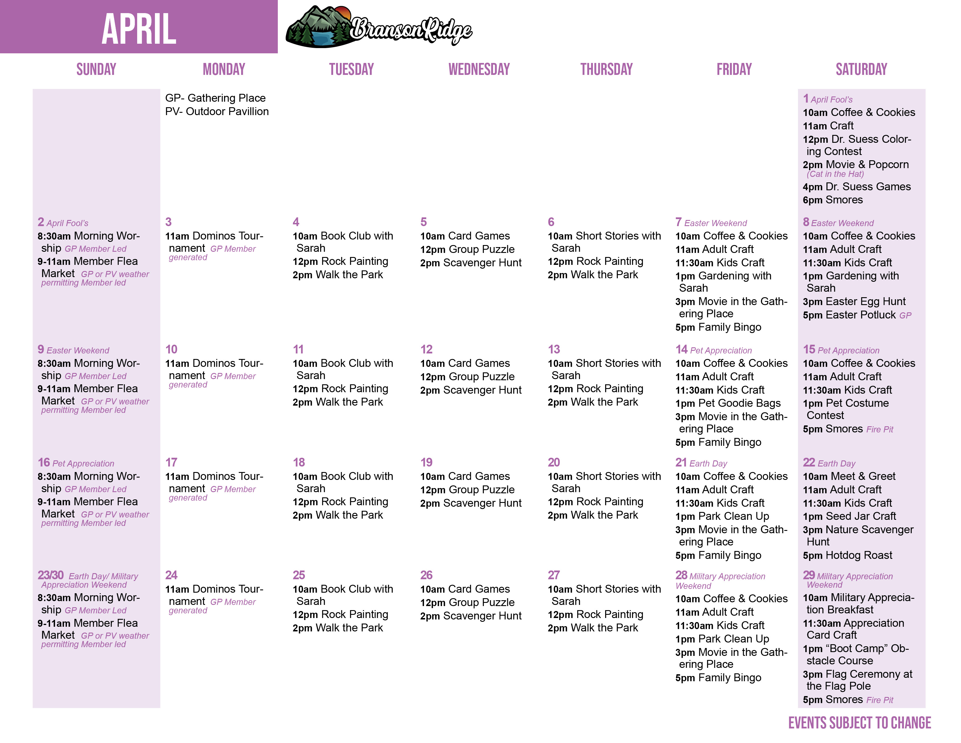 Branson Ridge's April's Activity Calendar