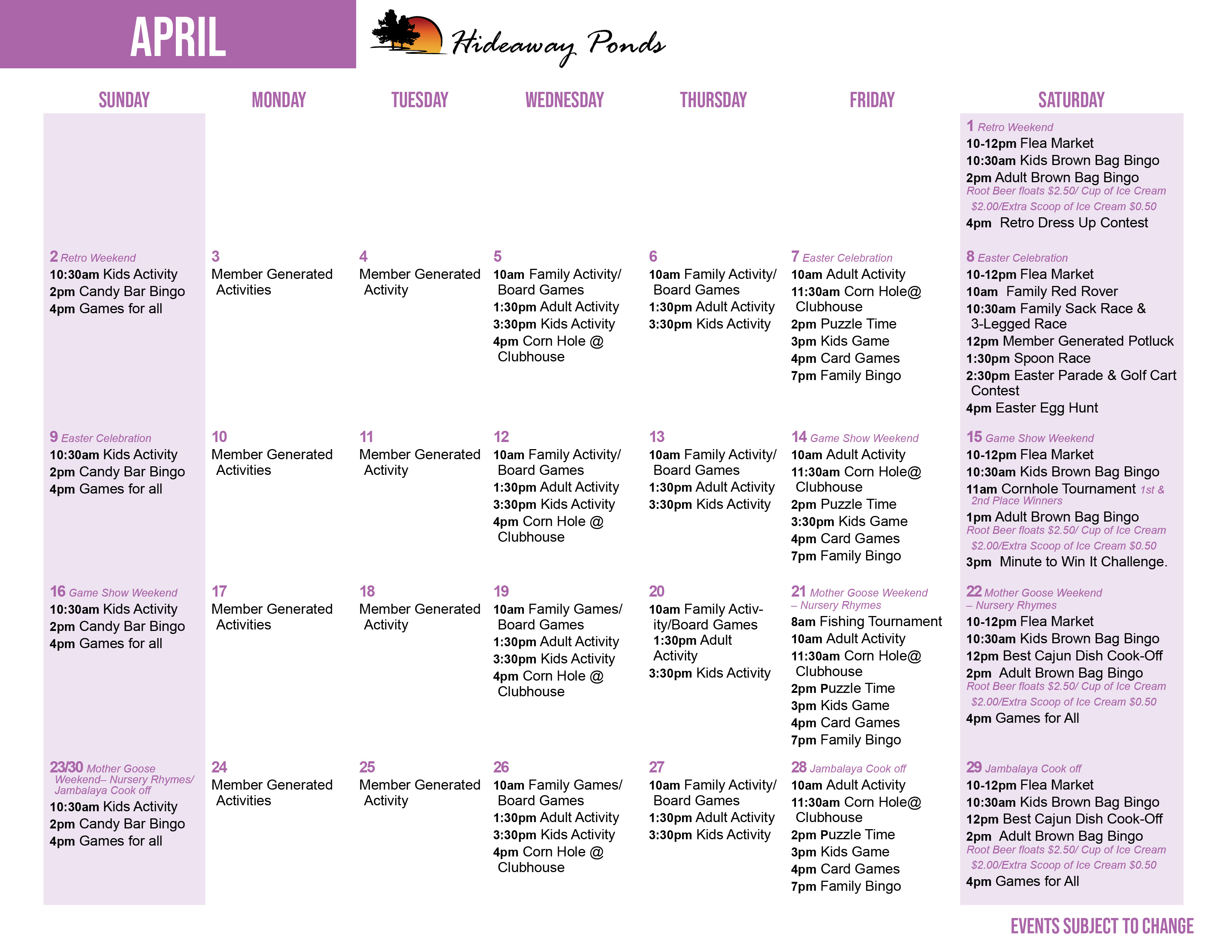 Hideaway Ponds April's Activity Calendar