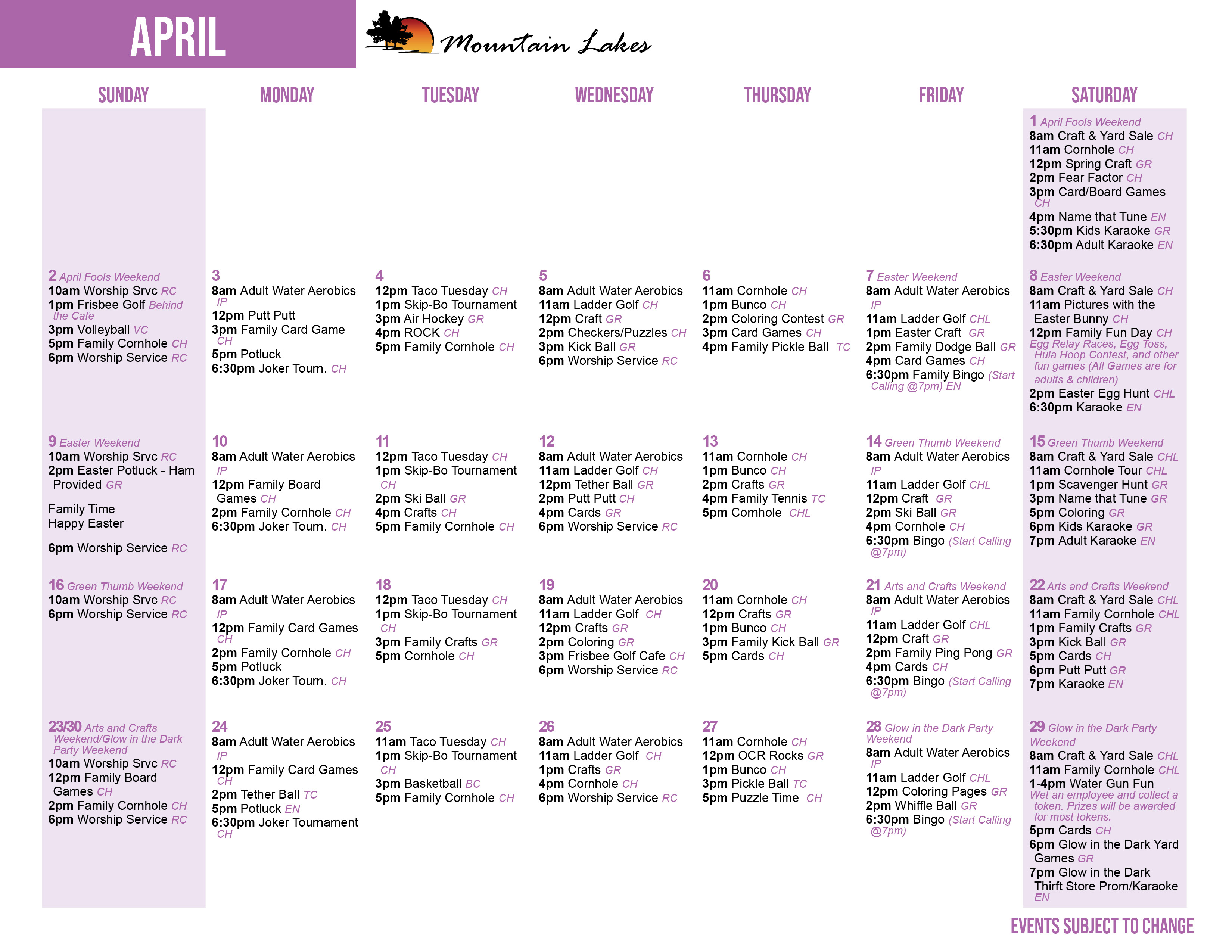 Mountain Lakes April's Activity Calendar