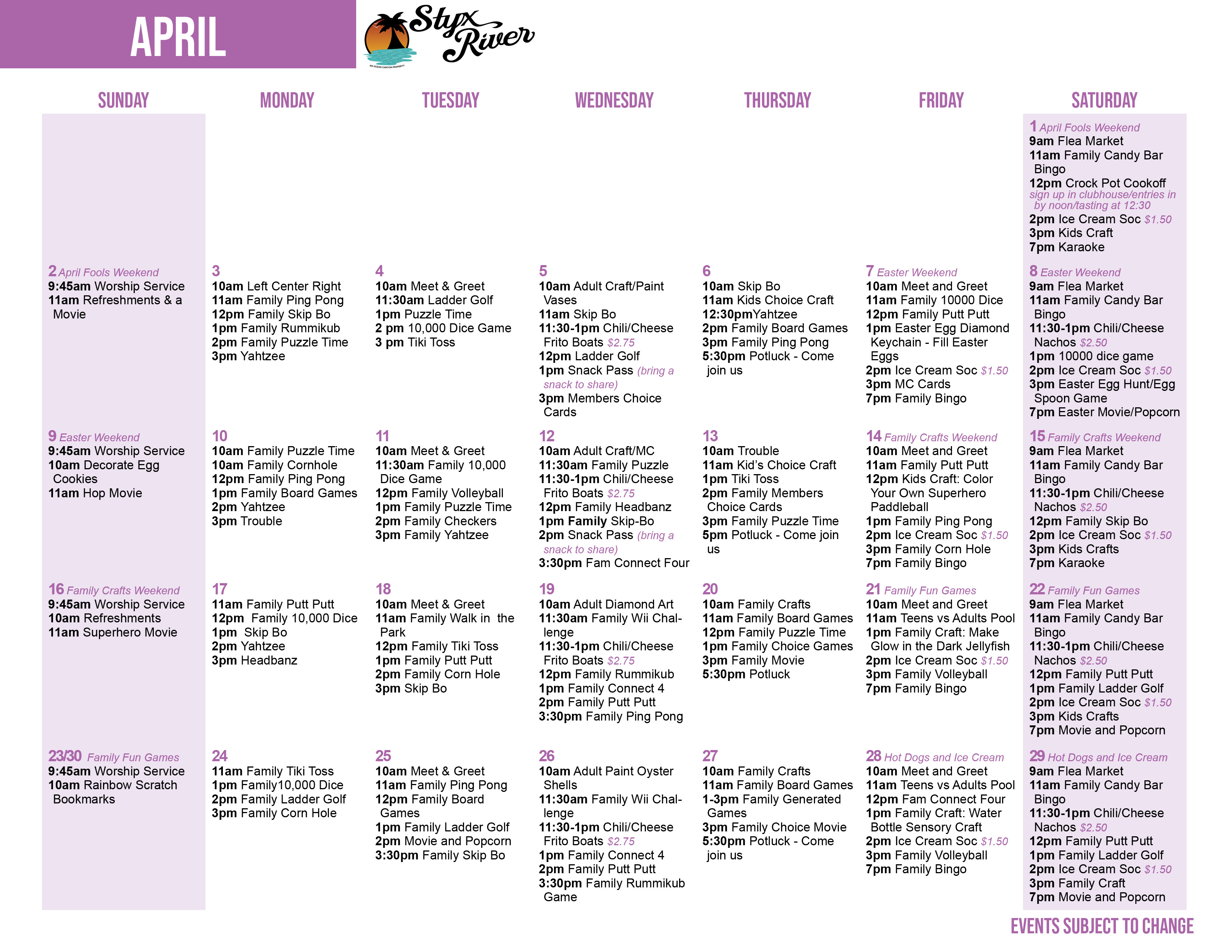Styx River's April Activity Calendar