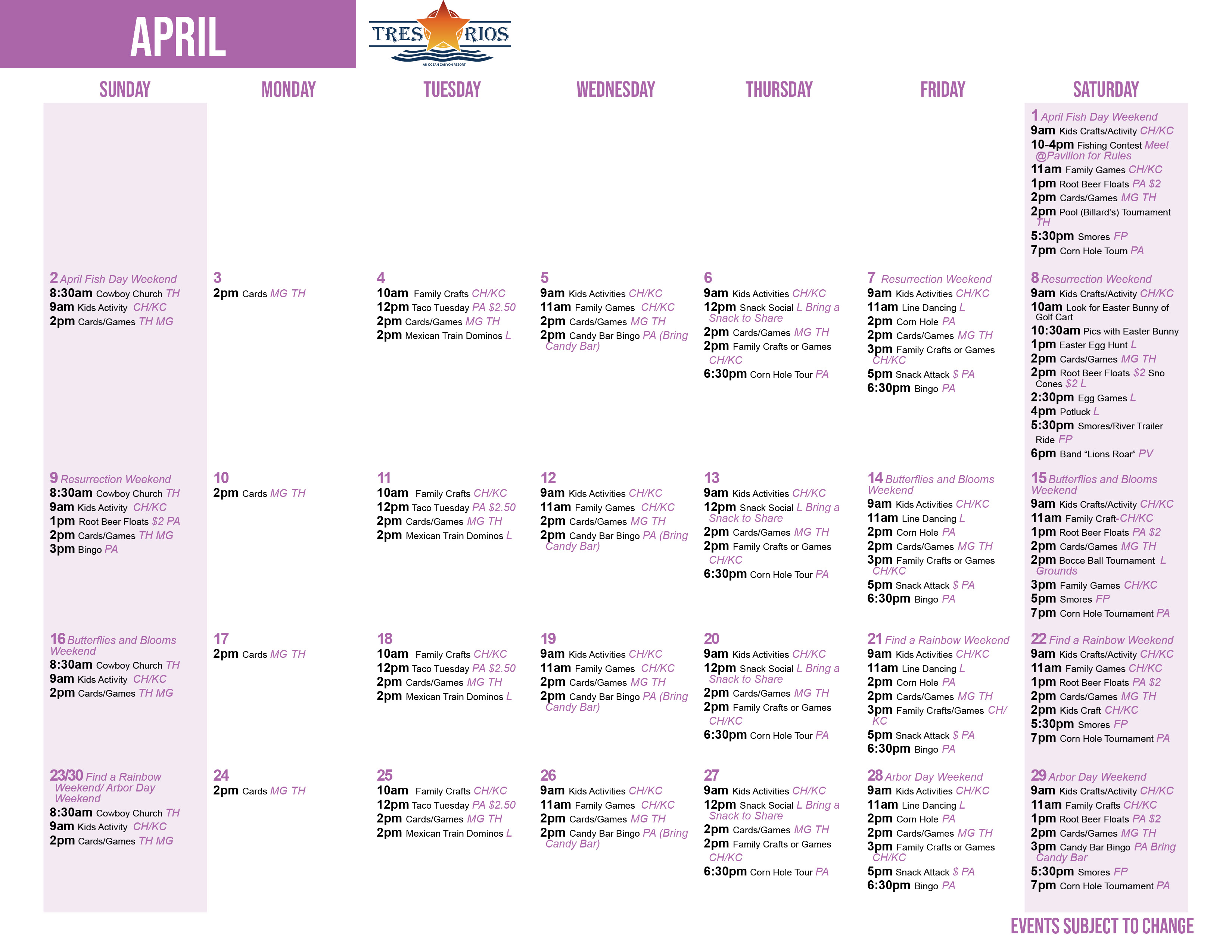 Tres Rios' April Activity Calendar