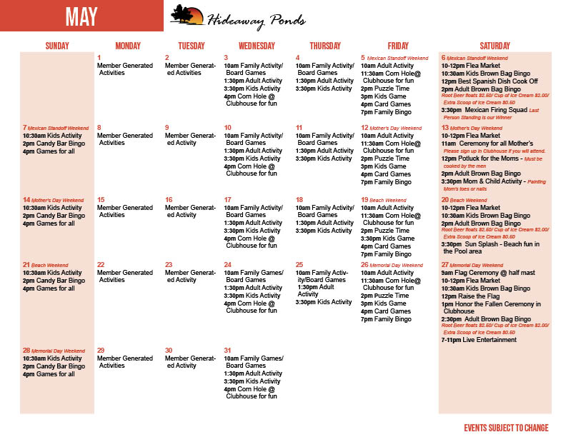 Hideaway Pond's May Activity Calendar