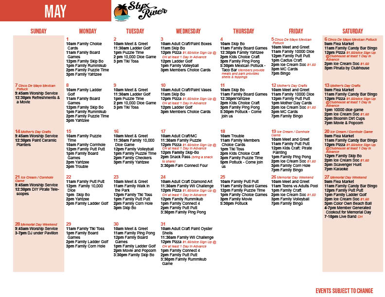 Styx River's May Activity Calendar