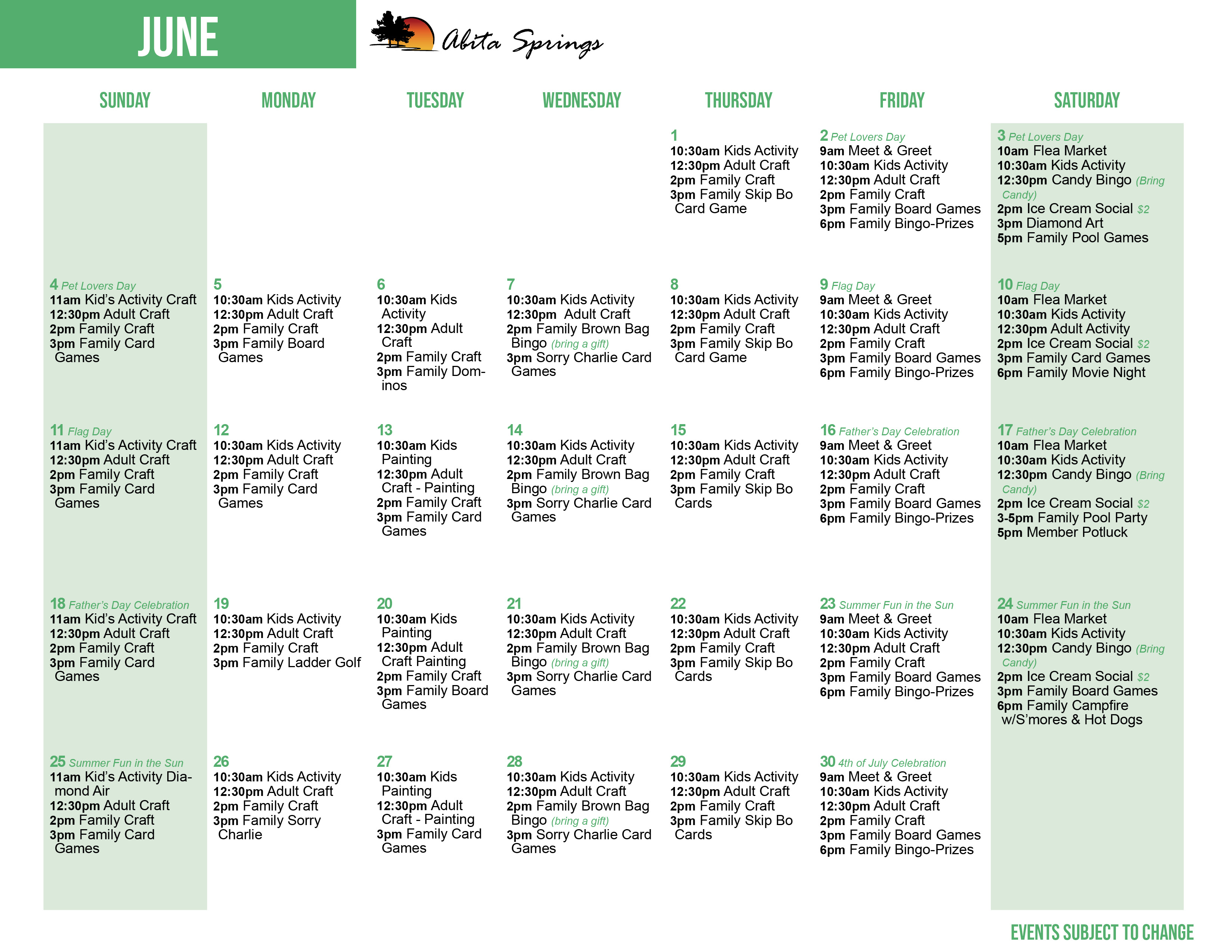 Abita Springs June 2023 Activity Calendar