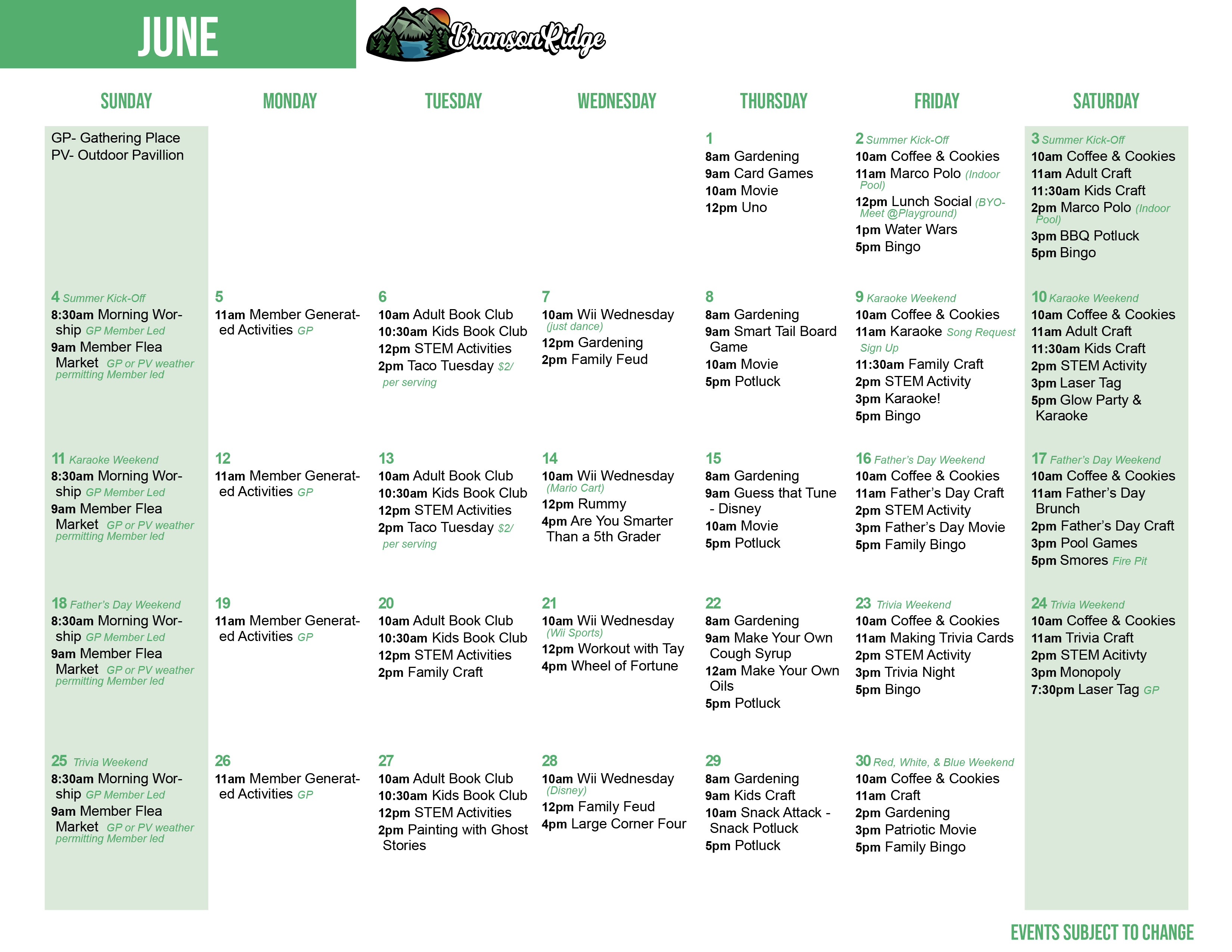 Branson's June Activity Calendar