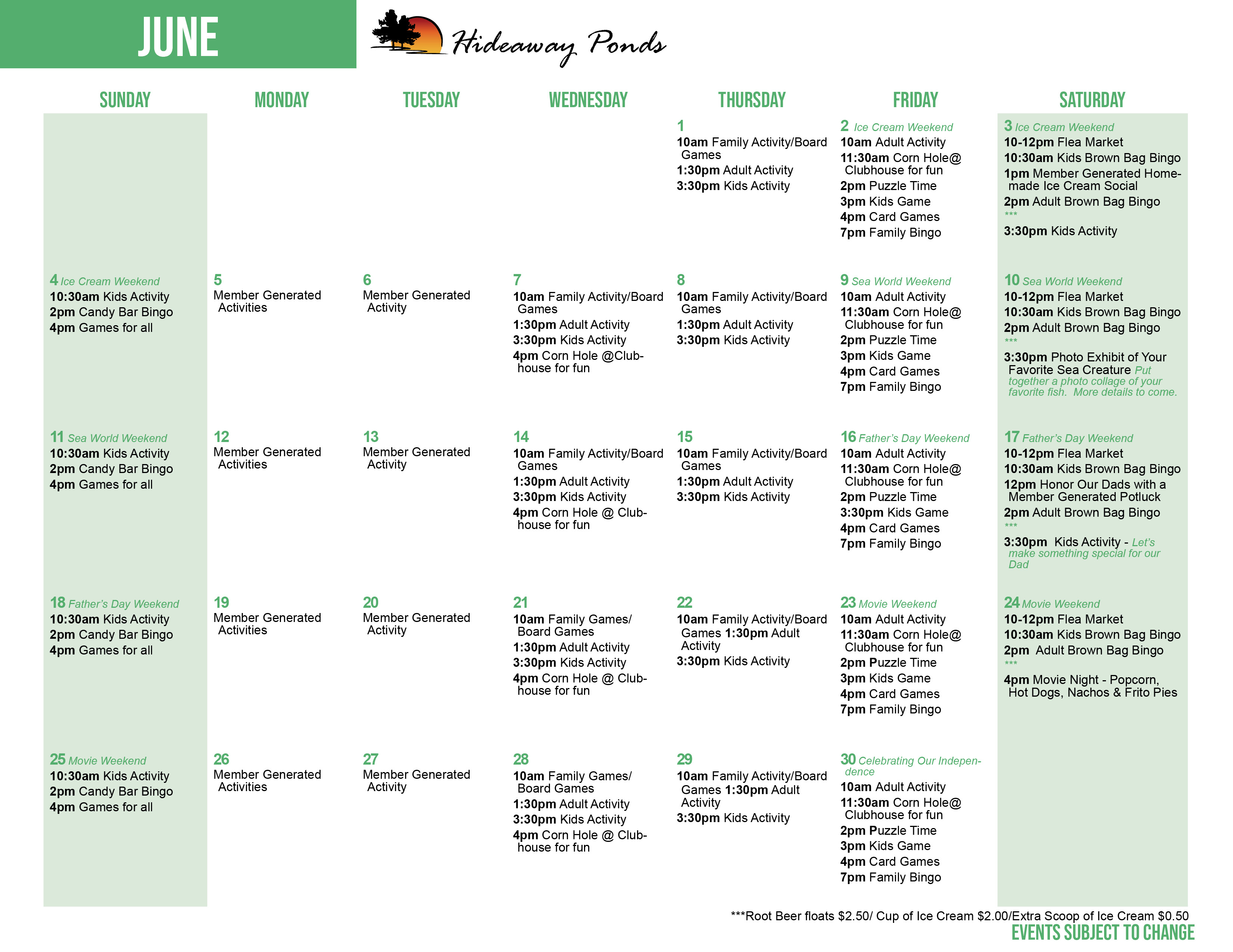 Hideaway Pond's June Activity Calendar