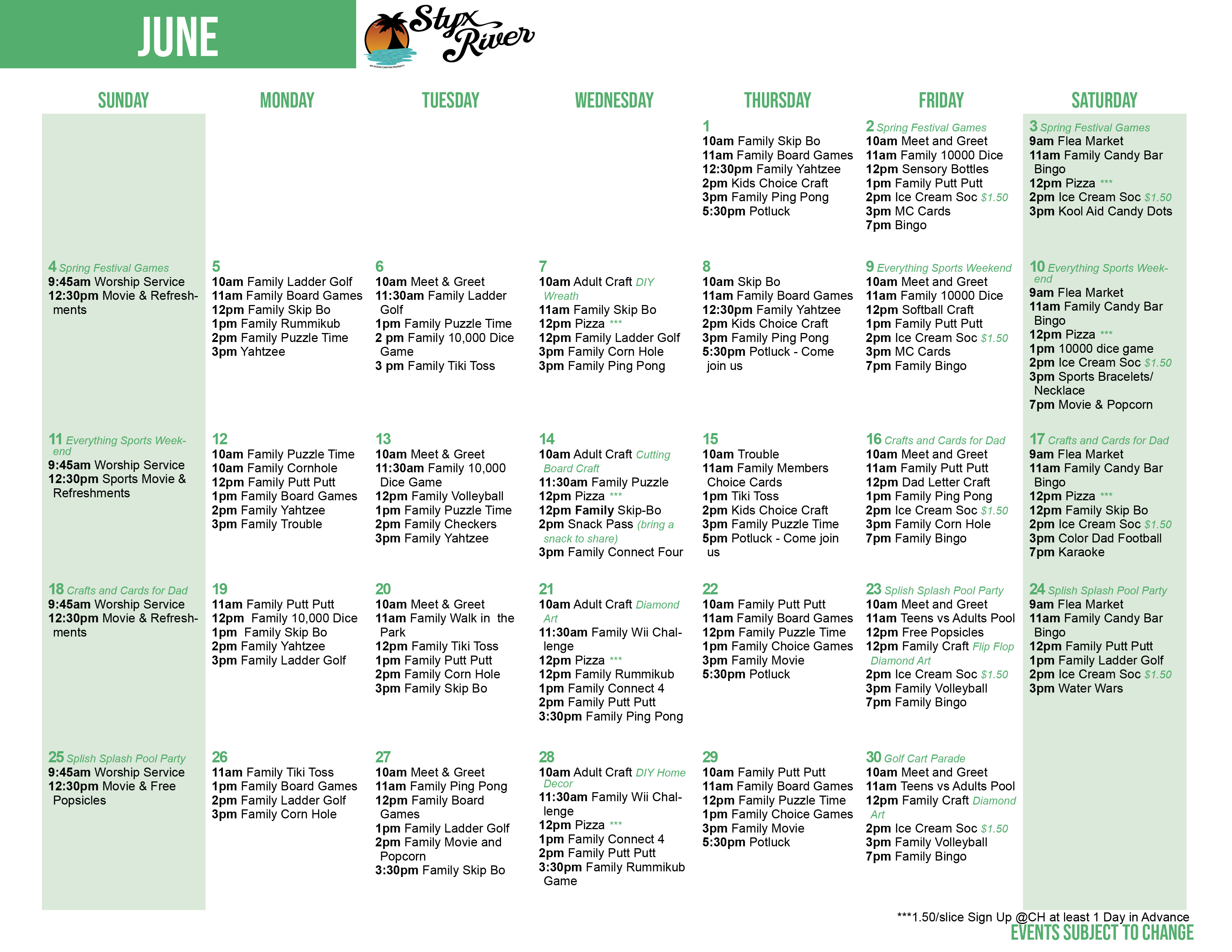 Styx River's June Activity Calendar
