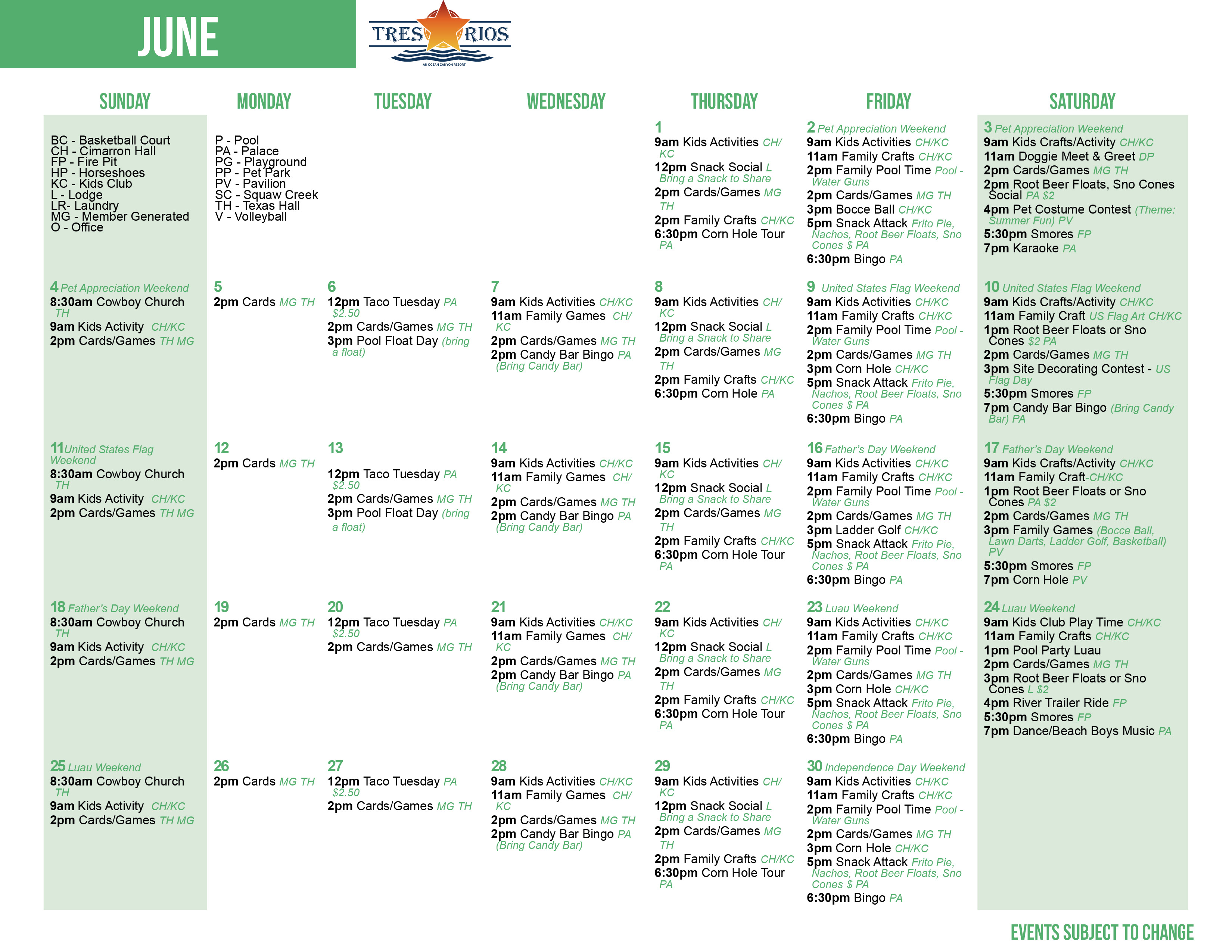 Tres Rios' June Activity Calendar