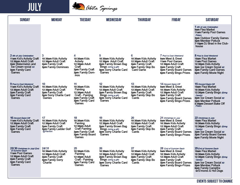 Abita Springs July's Activity Calendar