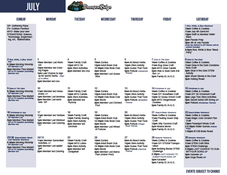 Branson Ridge's July's Activity Calendar