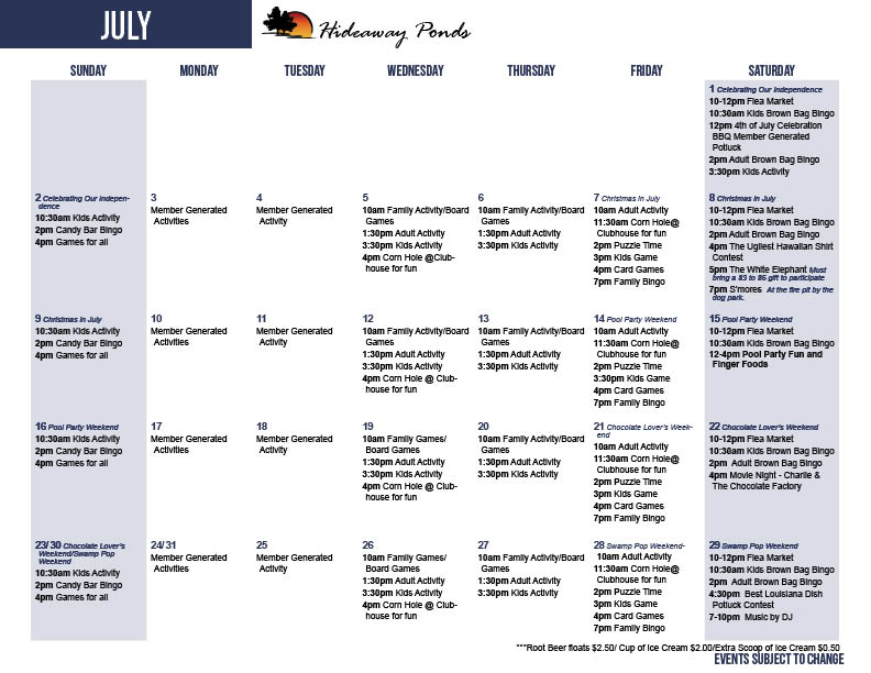 Hideaway Ponds July's Activity Calendar
