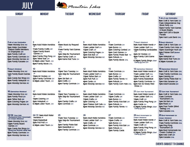 Mountain Lakes July's Activity Calendar