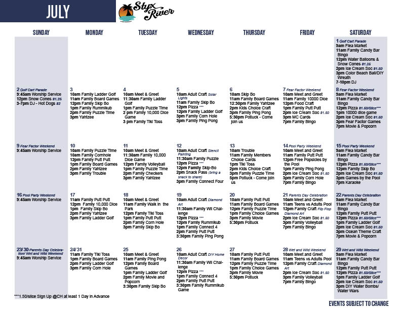 Styx River July's Activity Calendar
