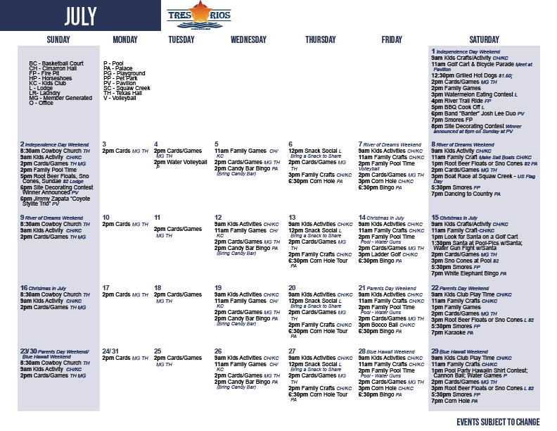 Tres Rios July's Activity Calendar