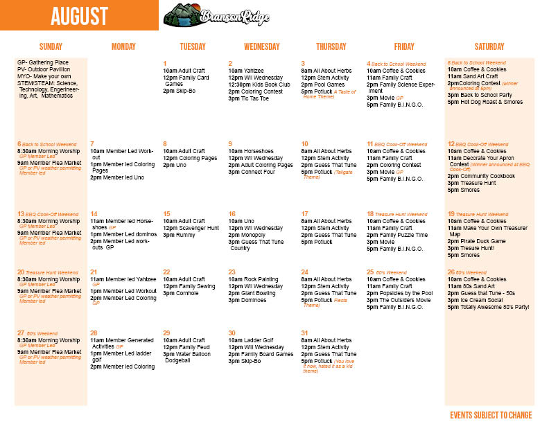 Branson Ridge's August Activity Calendar