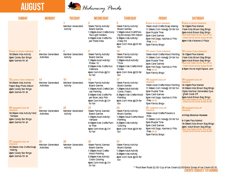 Hideaway Ponds August Activity Calendar