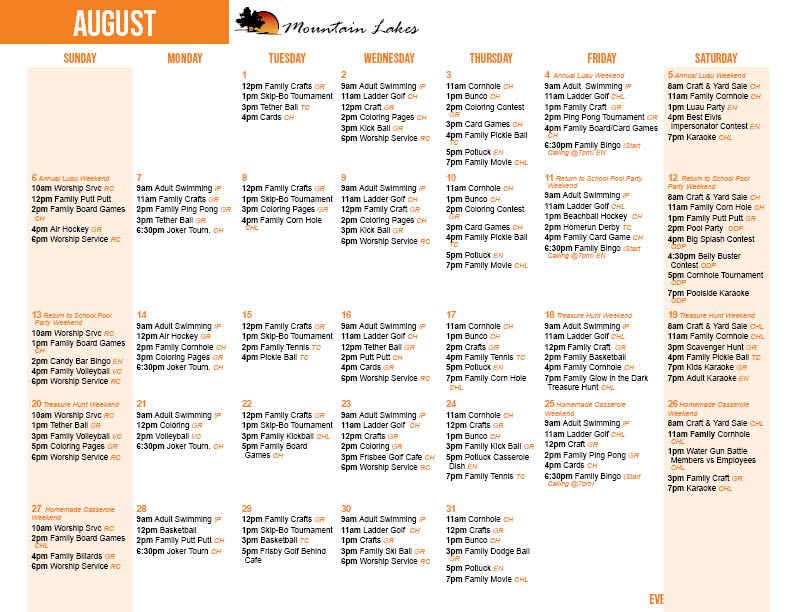 Mountain Lakes August Activity Calendar
