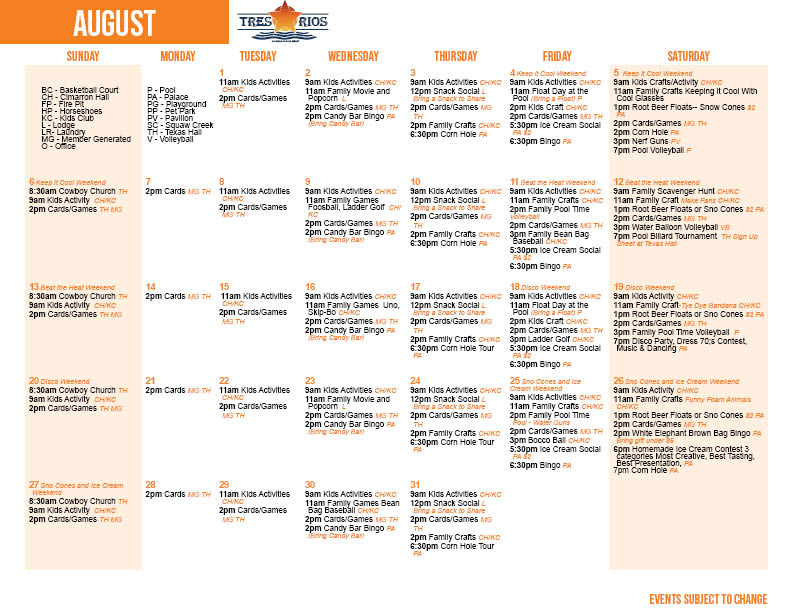 Tres Rios August Activity Calendar