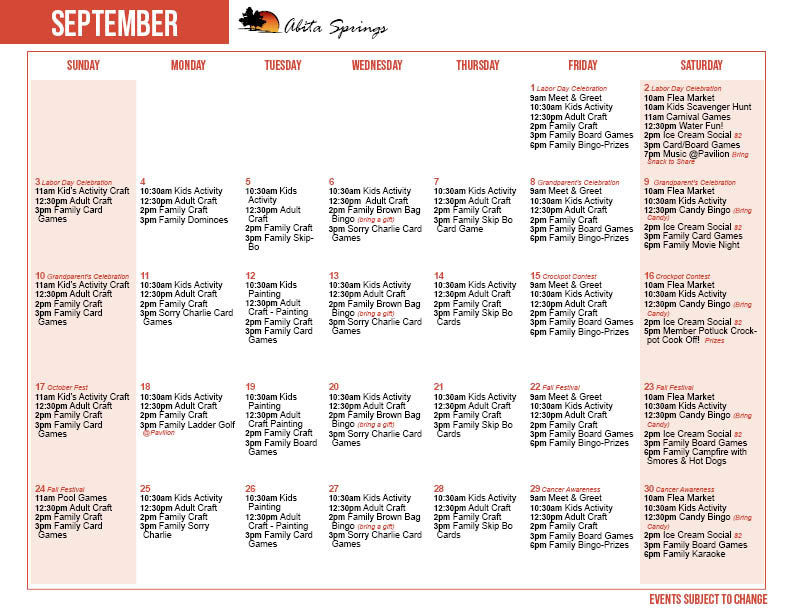 Abita Springs September 2023 Activity Calendar