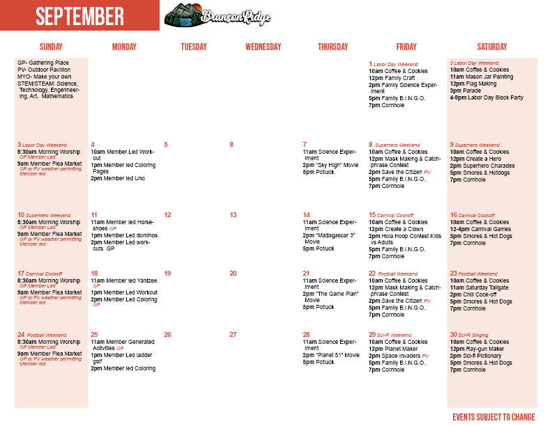 Branson Ridge's September Activity Calendar