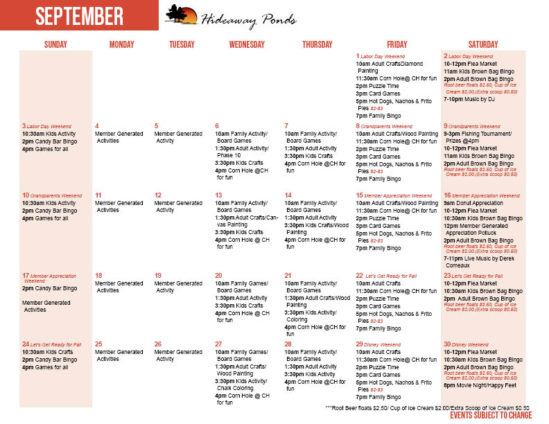 Hideaway Ponds September Activity Calendar