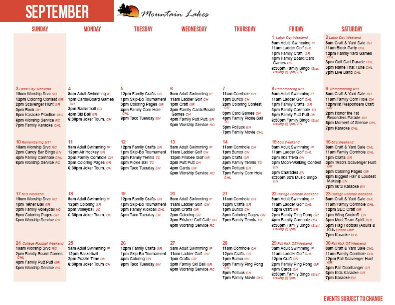 Mountain Lakes September Activity Calendar