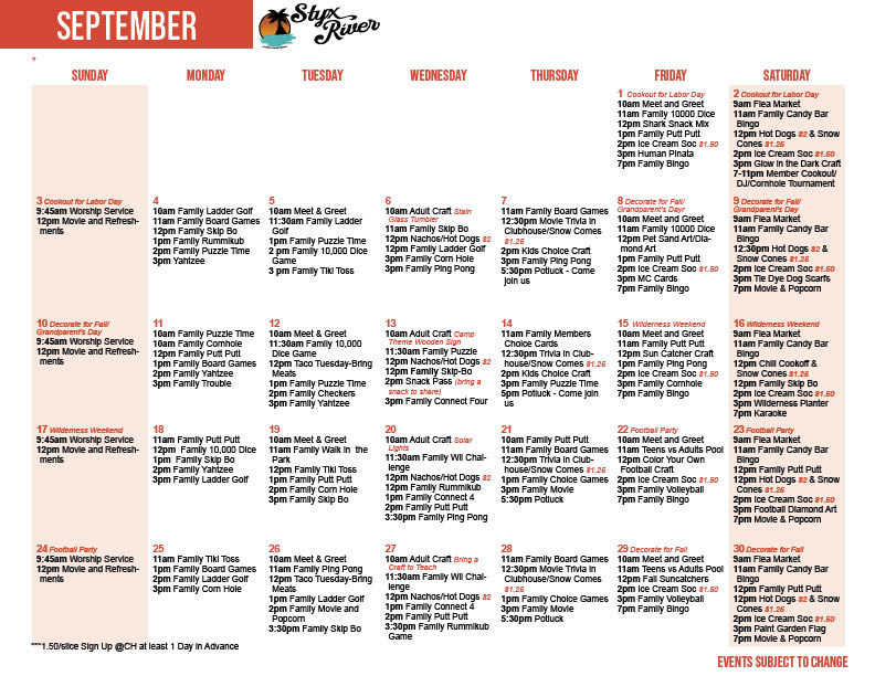 Styx River's September Activity Calendar