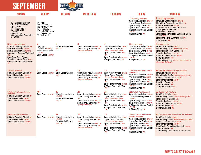 Tres Rios September Activity Calendar