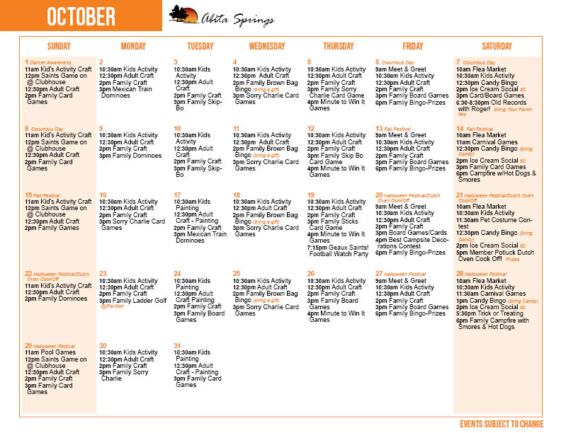 Abita Springs October Activity Calendar