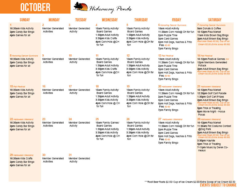 Hideaway Ponds October Activity Calendar