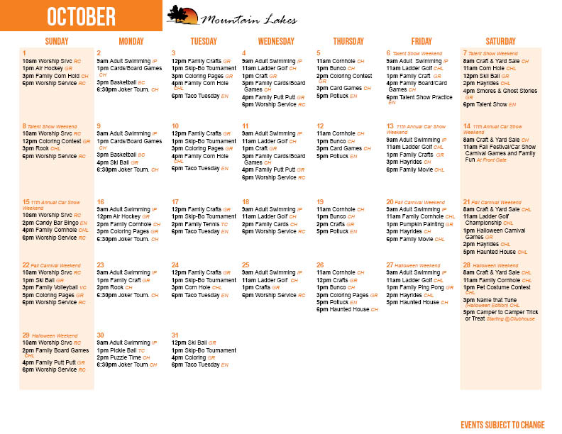 Mountain Lakes October Activity Calendar
