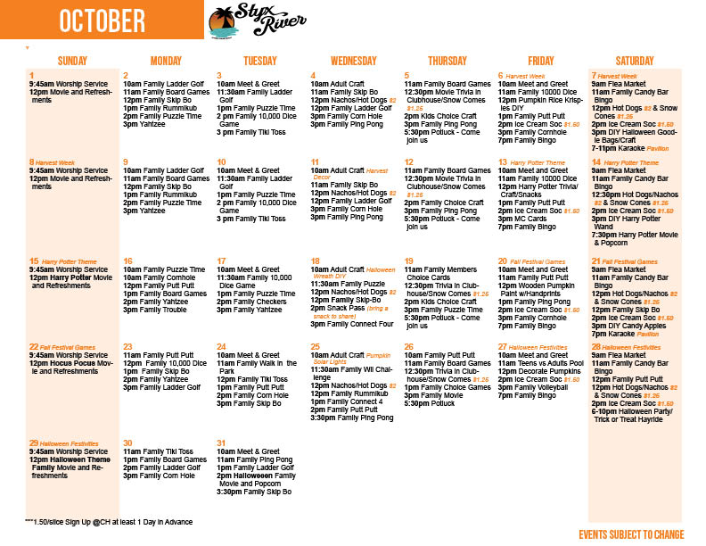 Styx River's October Activity Calendar