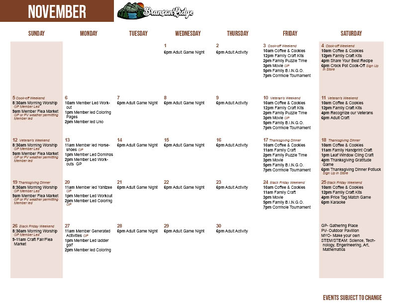 Branson's November Activity Calendar
