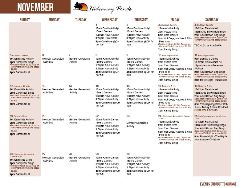 Hideaway Ponds November Activity Calendar