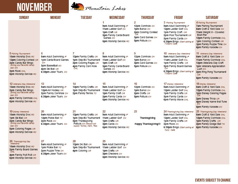 Mountain Lakes November Activity Calendar