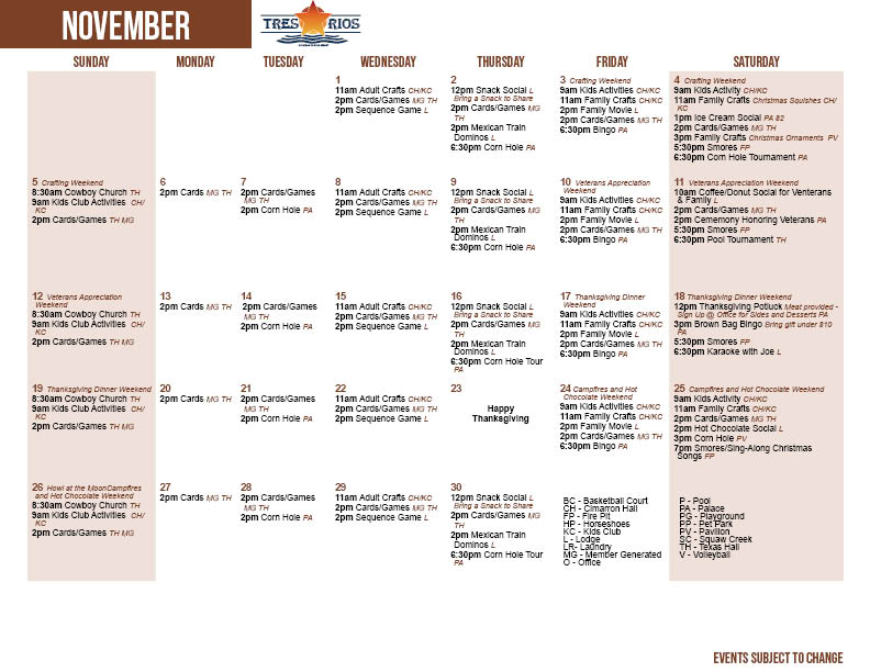 Tres Rios November Activity Calendar