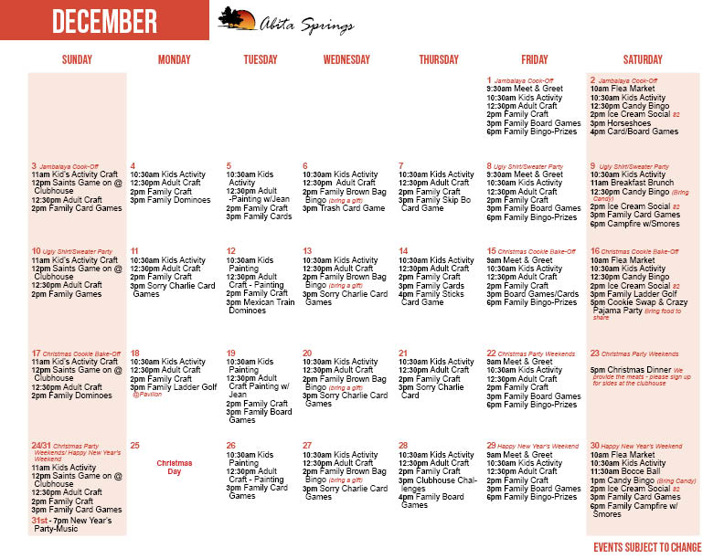 Abita Springs December Activity Calendar