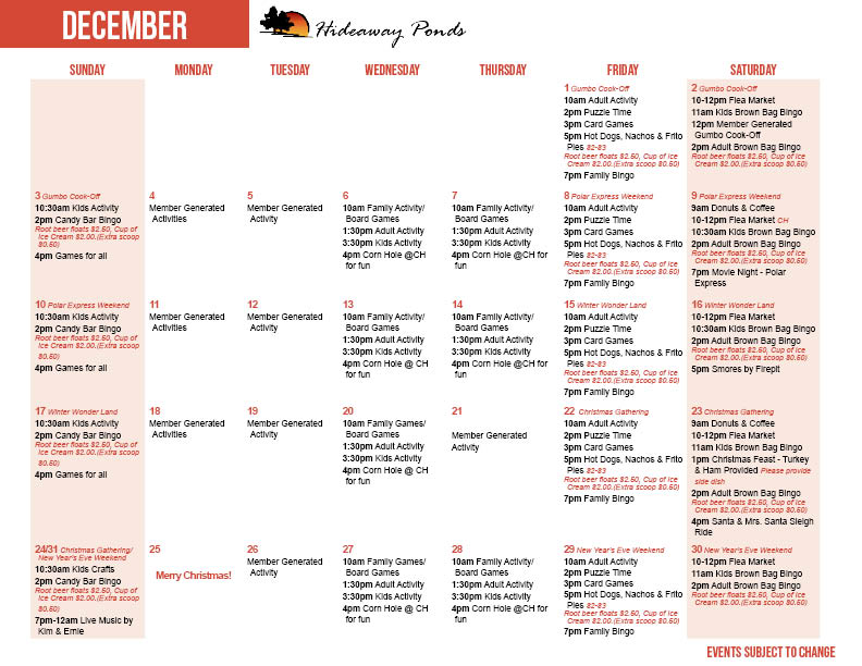 Hideaway Ponds December Activity Calendar