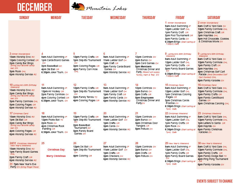 Mountain Lakes December Activity Calendar