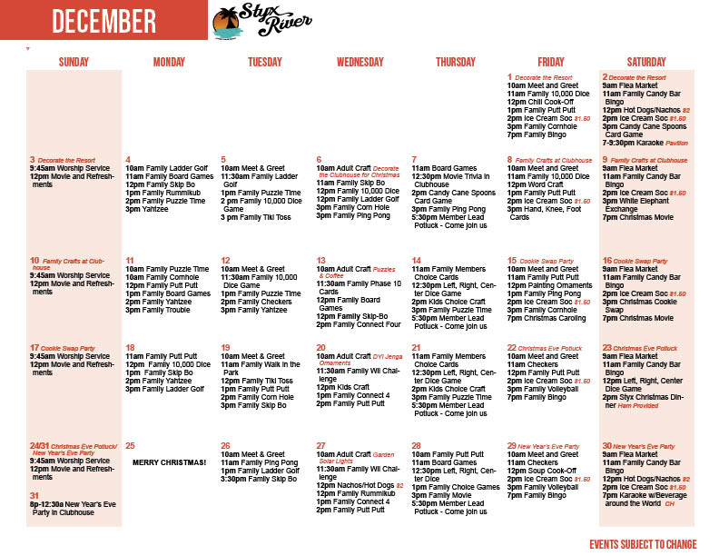 Styx River's December Activity Calendar