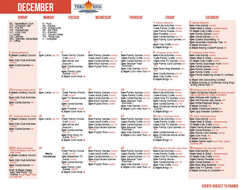 Tres Rios December Activity Calendar