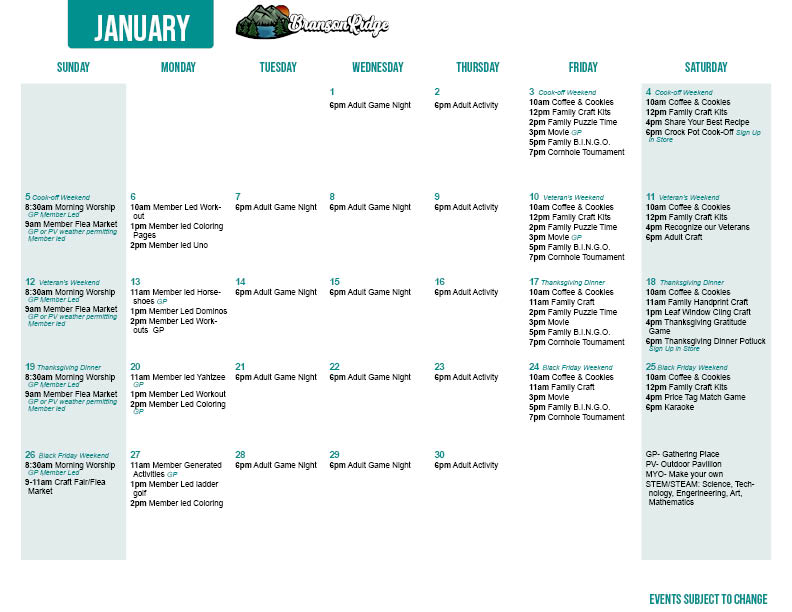 Branson January Activity Calendar