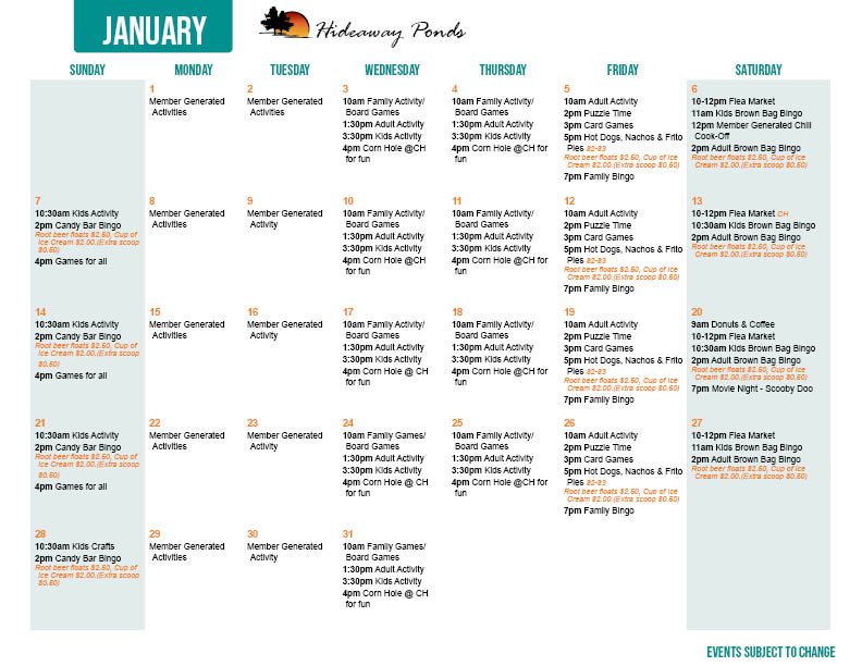 Hideaway Ponds January Activity Calendar
