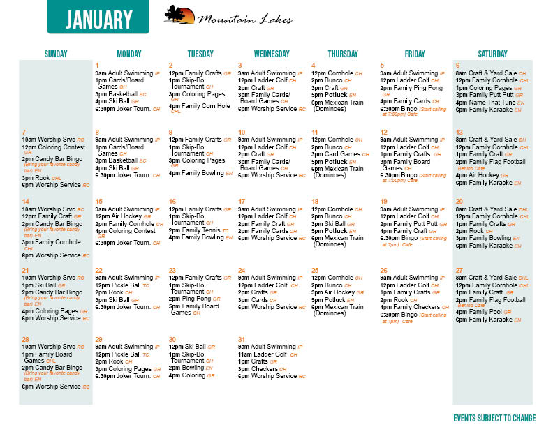 Mountain Lakes January Activity Calendar
