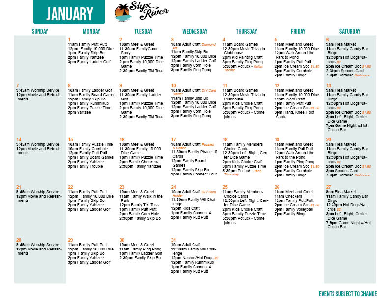 Styx River January Activity Calendar