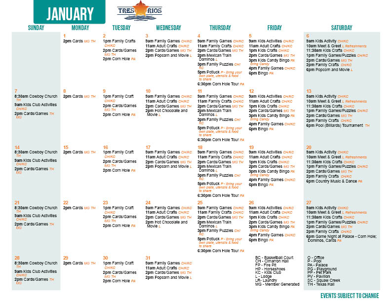 Tres Rios January Activity Calendar